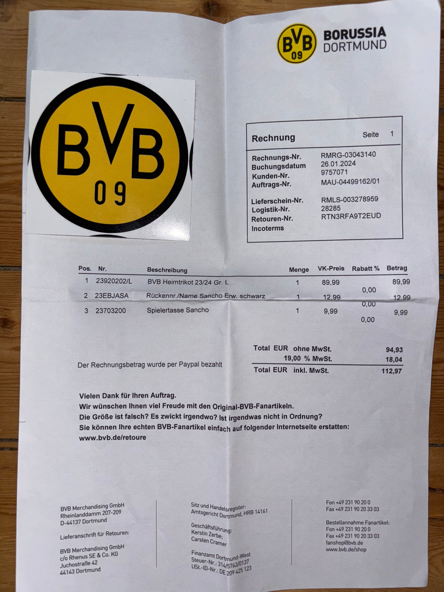 BVB Borussia Dortmund 2023/2024 Heimtrikot - L - #10 Sancho (mit Original Rechnung & Etiketten)